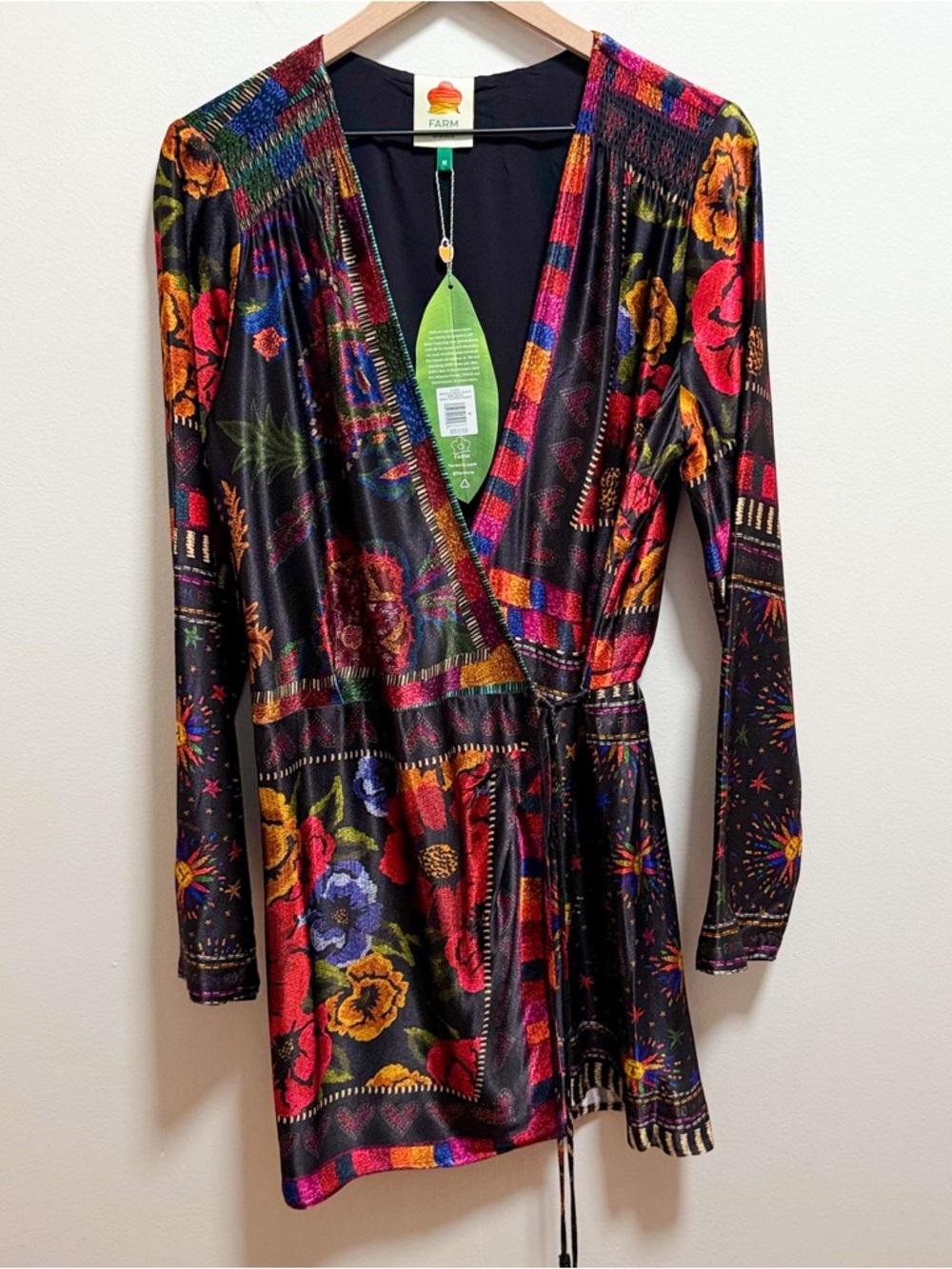 Farm rio colorful scarf print wrap dress tropical vacation floral mini M resort - Picture 2 of 13